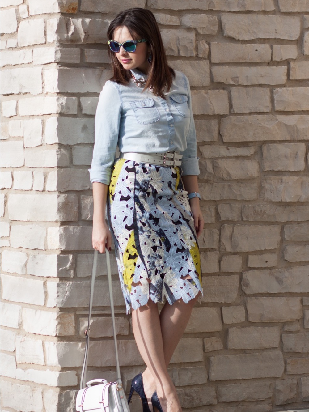 Bar III Floral Lace Pencil Skirt in Blues & Green with Back Slit Cottage